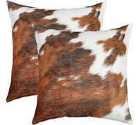 Homemissing Cuir Vache Imprimé Housses de Coussin Cuir Vache Taie Oreiller Taie d'oreiller 45x45cm Maison Ferme Western Ferme Animaux Plaid Grid Blanc Brun Lot De 2 Housse Coussin pour Canapé