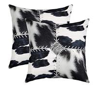 Homemissing Cuir Vache Taie d'oreiller 55x55cm Correctifs Cuir Vache Plaid Grid Housse Coussin pour Maison Le Salon Décor Lot De 2 Taie Oreiller Réversible Noir Blanc Modèle Décor Housse de Coussin