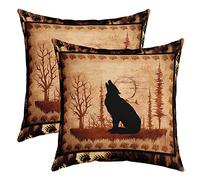 Homemissing Cute Loup Taie d'oreiller 40x40cm Lot De 2 Soft pour Fille Garçon Loup Hurlement Taie Oreiller Chambre Animaux Loup Arbres Modèle Housse de Coussin Exotique Style Brun Noir Housse Coussin