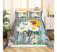 Homemissing Daisy Housse de Couette Parure de Lit 140x200cm Tournesol Botanique Floral Papillon Parure Housse de Couette Décor de Chambre en Bois avec 1 Taie d'oreiller