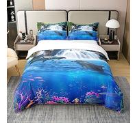 Homemissing Dauphin 100% Coton Housse de Couette 140x200cm Saut Dauphin Enfant Parure de Lit garçon Fille océan Bleu thème Marin Literie Set Vie Marine Ensemble de Literie
