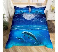 Homemissing Dauphin Parure de Lit 200x200cm Galaxy Moon Housse de Couette pour Enfants Océan Marine Thème Parure Housse de Couette Hawaiian Sealife Beach Aquarium Chambre Décor 3Pcs