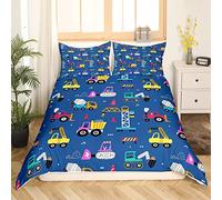 Homemissing Dessin animé Construction Parure de Lit 220x240cm Enfants Excavator Housse de Couette pour Enfants Garçons Vehicles Housse de Couette Tractor Blue with 2 Pillowcases