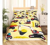 Homemissing Dessin animé Pelle Housse de Couette Construction avec Or Parure de Lit 140x200cm pour Enfants Garçons Tracteur Parure Housse de Couette Véhicules Camion avec 1 taie d'oreiller