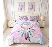 Homemissing Dreamcatcher Parure de lit 140 x 200 cm Attrape Rêves Fleurs Plumes Housse de Couette Chasseurs de Rêves Literie Enfant Adolescent coloré Bohamian Housse de Couette Rose Coloré Tie Dye