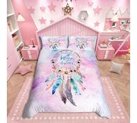 Homemissing Dreamcatcher Parure de lit 220 x 240 cm Attrape Rêves Fleurs Plumes Housse de Couette Chasseurs de Rêves Literie Enfant Adolescent coloré Bohamian Housse de Couette Rose Coloré Tie Dye