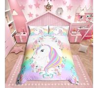 Homemissing Enfants Filles Arc en Ciel Licorne Literie Set Mignon Fleur Licorne Housse De Couette 140 x 200 Cm Ensemble Animaux Magiques Parure De Lit Dream Housse Couette 1 Taie d'oreiller