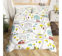 Homemissing Enfants Voitures Parure de Lit 220x240cm Street Road Housse de Couette pour Voiture de Police Camion de Pompier Décor Parure Housse de Couette Véhicule Chambre 3Pcs