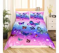 Homemissing Filles Papillon Parure de Lit 200x200cm Imprimé Papillons Colorés Parure Housse de Couette Girly Glitter Violet Bleu Housse de Couette Motif Animal Room Decor