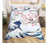 Homemissing Fleur de Cerisier Parure de Lit Grue Chic Enfants Housse de Couette 140x200cm Femmes décoration Vague Sets de Housse de Couette Rose Ukiyo - e Japonais Ensemble de literie
