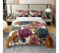 Homemissing Fleur pour Kids Adults Housse de Couette 220x240cm Coton Filles | Floral Printemps Parure de lit Sombre douce Boho Avec 2 taies d'oreiller Sombre Pueple Pour enfants filles garçons Respirant