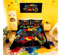 Homemissing Game Controller Housse de Couette 200x200cm Gaming Housse de Couette Adolescents Garçon Gamer Parure de Lit Noir Tie Dye Literie Set d'encre colorées Decor avec 2 taie d'oreiller 65x65cm