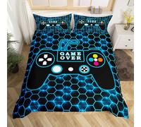 Homemissing Gamer Housse de Couette Ados Gaming Parure de Lit 140x200cm Gamepad Jeu Vidéo Literie Housse de Couette pour Enfants Garçons Chambre Décor Contrôleur de Jeu Géométrie Bleue 2 pièces