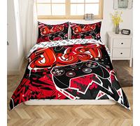 Homemissing Gamer Housse de Couette Gaming Parure de Lit 200x200cm Rouge Ensembles de Jeu Vidéo de Housse de Couette pour Ados Chambre Décor Hip Hop Décor avec 2 Taie d'oreiller