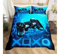 Homemissing Gaming Housse de Couette Kids Gamer Bleu Jeu Vidéo Parure de Lit 200x200cm Console de Jeux Honeycomb Décor de Chambre Hexagone Géométrique avec 2 Taie d'oreiller