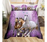 Homemissing Garçon Cheval Housse de Couette 220x240cm Branche de Fleur de Cerisier Steed Enfants Femme Lavande Violet Parure de Lit Fille Adolescent Courir Cheval Ensemble de literie 3D Sauvage