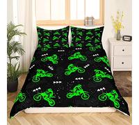 Homemissing Garçons Moto Cross Parure de Lit 140x200cm Cool Sports Housse de Couette pour Enfants Garçons Motocross Rider Sets de Housse de Couette Fluorescent Green Bike avec 1 taie d'oreiller