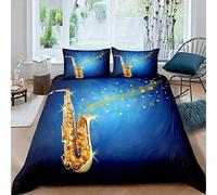 Homemissing Garçons Saxophone Housse de Couette Filles Musique Thème Parure de Lit 220x240cm Or Bleu Motif Musical Parure Housse de Couette Instruments Paillettes Décor