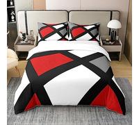 Homemissing Géométrie 100% Coton Housse de Couette, Combinaison de Lignes Géométriques Ruban pour la décoration, Moderne Art Abstrait Plaid Noir Blanc Gris Rouge Housse de Couette, 200x200cm