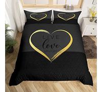 Homemissing Housse De Couette Moderne 140x200cm Amour Noir Or avec Coeur Et Lettres Parure De Lit pour Filles Garçons Couples 2 Pcs Amoureux Simple Chambre Décor