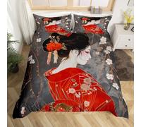 Homemissing Japon Geisha Parure de Lit Garçons Filles Fleurs de cerisiers Ensemble de Literie Style Japonais Housse de Couette 140x200cm Tradition Japonaise Esthétique Housse de Couette