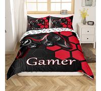 Homemissing Jeux vidéo pour Enfants Gamer Housse de Couette Rouge et Noir Gaming Parure de Lit 220x240cm Jeu Parure Housse de Couette Élégant Nid d'abeille Design Géométrique Collection Chambre 3Pcs