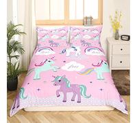 Homemissing Joli Ensemble de literie Licorne Filles Animaux Mignons Housse de Couette Rose Enfants Arc-en-Ciel Nuage Magique Licorne Parure de lit avec Fermeture éclair, 200 x 200 cm Unicorn imprimé