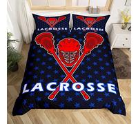 Homemissing Lacrosse Parure de Lit 200x200cm Bleu Stars Lacrosse Balls Sticks Sets de Housse de Couette Sports Jeux Housse de Couette Respirant Hockey Hiver Sports Parure Housse de Couette