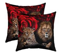 Homemissing Leopard Taies d'oreiller 60x60cm Lot De 2 Soft Lion Rose Fleurs Taie Oreiller Housse de Coussin pour Canapé Chambre Voitures Réversible Botanique Fleurss Rouge Décor Housse Coussin