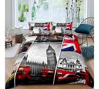 Homemissing Les Filles Big Ben Housse de Couette Red Telephone Booth Parure de Lit 140x200cm Grey UK Theme Sets de Housse de Couette England Cityscape London Bridge Decor avec 1 Taie d'oreiller
