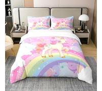 Homemissing Licorne Housse De Couette 200x200cm 100% Coton Kawaii Mignon Rainbow Licorne Housse De Couette Cheval Literie Enfants Galaxie Étoiles Magique Rose Animaux Parure Lit