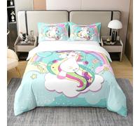 Homemissing Licorne Housse de Couette 220x240cm 100% Coton Adolescent Enfant, Mignon Enfant Parure de Lit Fantastique Arc - en - Ciel Cheval Motif Literie, décor Magic Animaux Pint Zip
