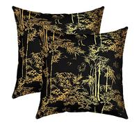 Homemissing Luxe Noir Gold Taie d'oreiller 60x60cm pour Canapé Lit Bamboo Lot De 2 Taie Oreiller Décor Housse de Coussin Eastern Botanique Oriental Cadeaux Gold Housse Coussin Inserts Non Inclus