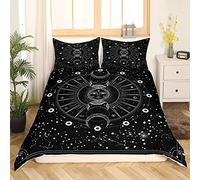 Homemissing Mandala Parure de Lit 140x200cm Soleil et Lune Housse de Couette avec Crochets Boho Style Exotique Noir et Blanc Parure Housse de Couette Galaxie Astrologie Chic Décor de Chambre