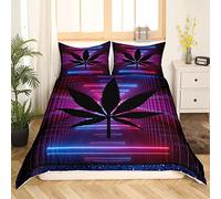 Homemissing Marijuana Leaf Parure de Lit 220x240cm Violet Bleu Geometric Stripes Housse de Couette pour Enfants Garçons Weed Leaf Sets de Housse de Couette Exotic Leaves avec 2 taies d'oreiller
