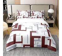 Homemissing Moderne Géométrique 100% Coton Housse de Couette 240x260cm Bordeaux Géométrique Stripe Ligne Literie Set Garçons Abstrait Art Parure de Lit Respirant Luxe Ensemble de lit