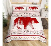 Homemissing Noël Parure de Lit 220x240cm Ours Housse de Couette pour Enfants garçons Ferme Village Pays de la Cabine Sets de Housse de Couette Noël Thèmes White Parure Housse de Couette