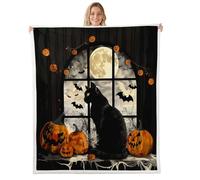 Homemissing Noir Chat Laine Couverture 100x130cm Filles Citrouille Lanterne Sherpa Couverture pour Les Enfants Ultra Doux château Imprimer Peluche Couverture Halloween décor Salle à thème Douce