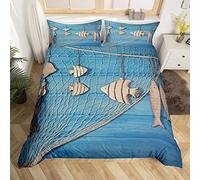 Homemissing Ocean Theme Parure de Lit 200x200cm Bleu en Bois Poisson Housse de Couette pour Enfants Enfants Adolescents Filet De Pêche Ensembles de Housse de Couette Chambre Décor 3Pcs