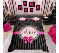 Homemissing Paris Parure de Lit Tour Eiffel imprimé Housse de Couette 220x240cm Noir Gris Rayé Ensemble de Literie Rose Bow Decor Literie Set Vintage Gothique Literie Set Fille Adolescents