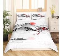 Homemissing Parure Japonaise Housse de Couette Fleurs de Cerisier Rouge Housse de Couette pour Enfants Garçons Filles Mont Fuji Parure de Lit 220x240cm Peinture à l'Encre avec 2 taies d'oreiller
