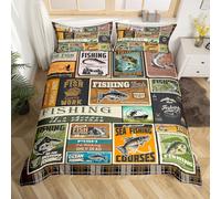 Homemissing Poissons Ensemble de literie Vintage Fish Stamp Pattern Housse de Couette 140x200cm garçons Filles Enfants pêche Chasse Brun Vert Parure de Lit décoration de Chambre