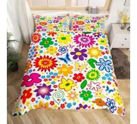 Homemissing Retro 60S 70S Floral Parure de Lit 220x240cm Hippie Fleurs Imprimer Housse de Couette Papillons Sets de Housse de Couette Coloré Parure Housse de Couette 3 pièces Fermeture à glissière