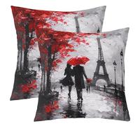 Homemissing Rouge Tour Eiffel Taie d'oreiller 45x45cm Valentine pour Couples Taie Oreiller pour L'amant des Filles Romantique Paris Lot De 2 Housse de Coussin Voyage en France Housse Coussin