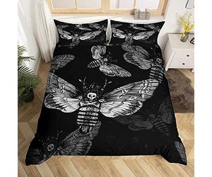 Homemissing Sugar Skull Housse de Couette Boys 3D Moth Skull Motif Parure de Lit 140x200cm pour Ultra Doux Gothique Os Skeleton Ensembles de Housse de Couette Black Animal Room Decor