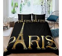 Homemissing Tour Eiffel dorée Housse de Couette Paris Paysage Urbain Parure de Lit 220x240cm Chic French Theme Parure Housse de Couette Modern Style Black Room Decor