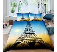 Homemissing Tour Eiffel Parure de Lit 140x200cm Célèbre Paris Paysage Urbain Parure Housse de Couette Adultes Style Français Moderne Housse de Couette Chic Jaune Bleu Room Decor