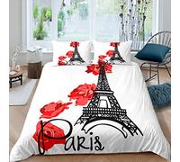 Homemissing Tour Eiffel Parure de Lit 140x200cm Chic Paris Theme Housse de Couette Paris Paysage Urbain Print Parure Housse de Couette Moderne Romantique Style Français Floral pour Chambre Décor