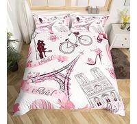 Homemissing Tour Eiffel Parure de Lit 140x200cm Paris Rose Housse de Couette Paris Décor Sets de Housse de Couette Valentines Parure Housse de Couette pour Adultes et Ados Microfibre