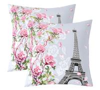 Homemissing Tour Eiffel Taies d'oreiller 60x60cm Couple Rose Rose Fleurs Paris Taie Oreiller pour L'amant des Filles Romantique Fleurs Botanique La Saint Valentin Lot De 2 Housses de Coussin